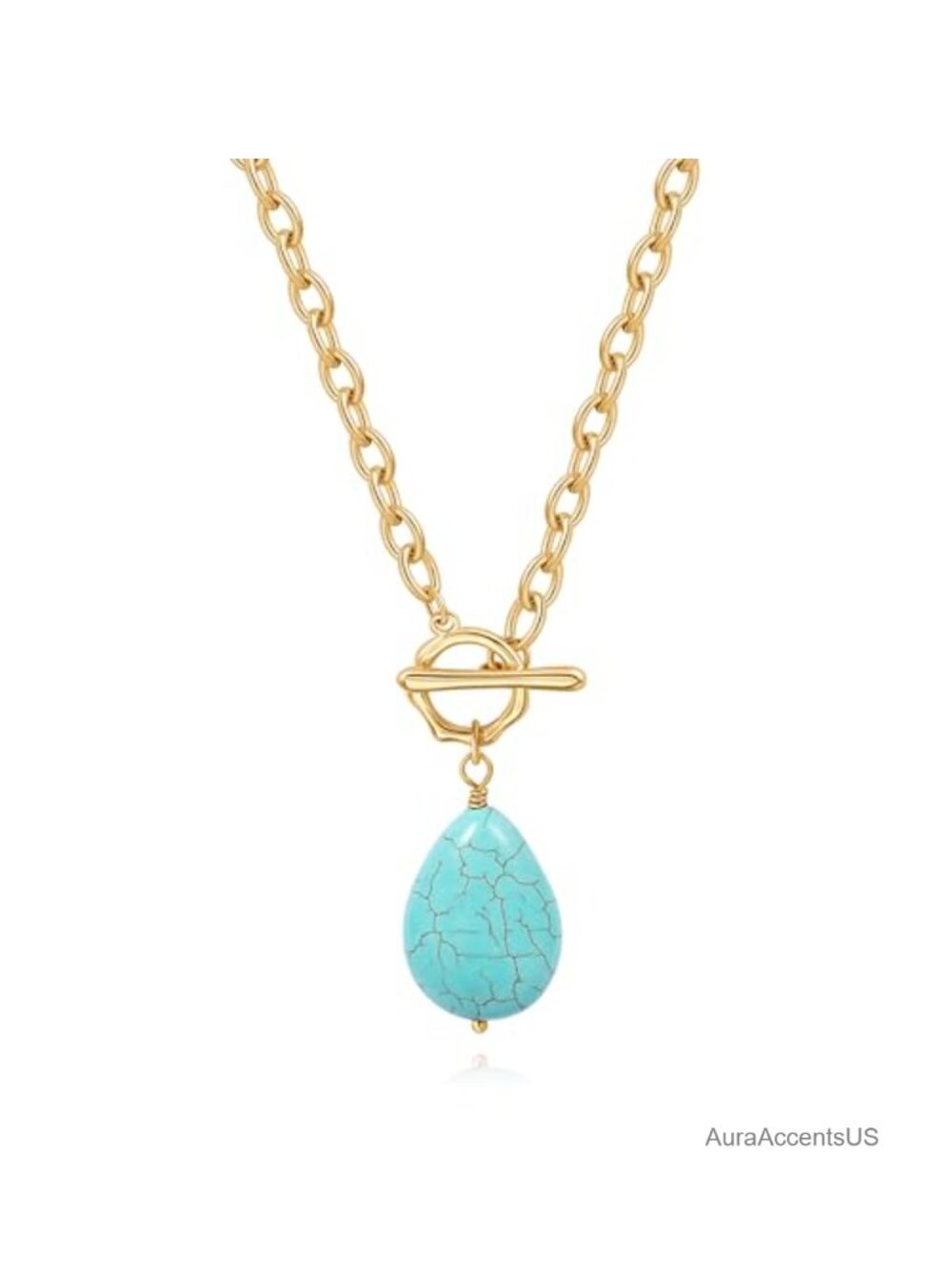 18K Gold Plated Cable Chain Toggle Necklace with Turquoise Pendant for Women